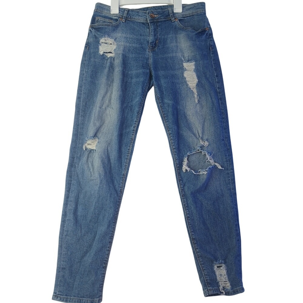 H&M Divided Jeans Women 6‎ Blue Distressed Ripped Straight Leg Denim Mid Rise
